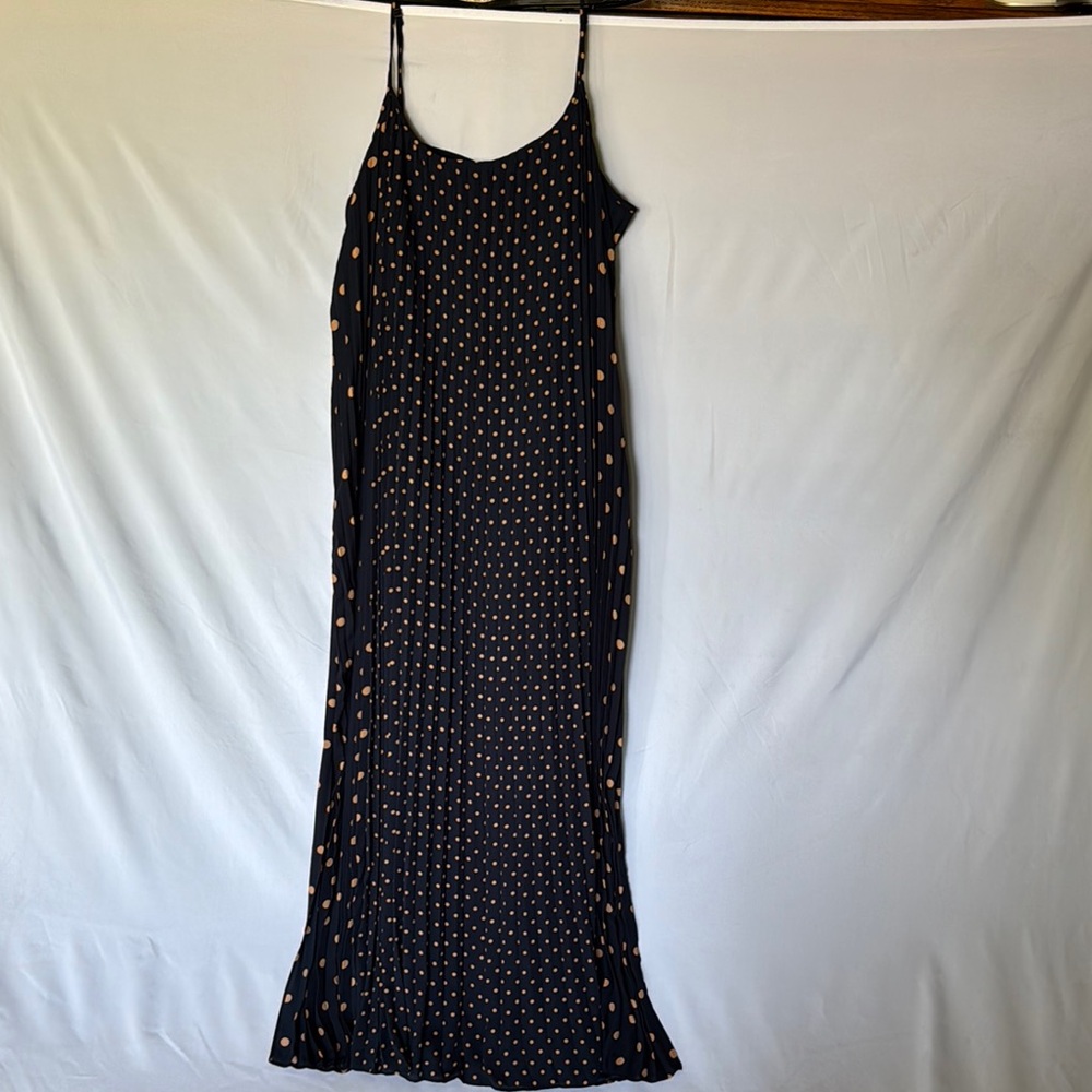 Banana Republic Navy with Tan Dots Spaghetti Strap Pleated Maxi Dress